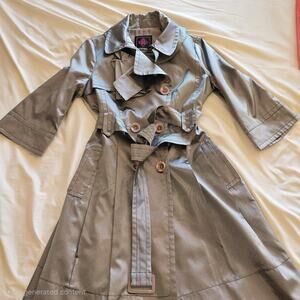 BuouBuou Rufflecollar gunmetal gray doubled breasted belted trench coat Sz 11